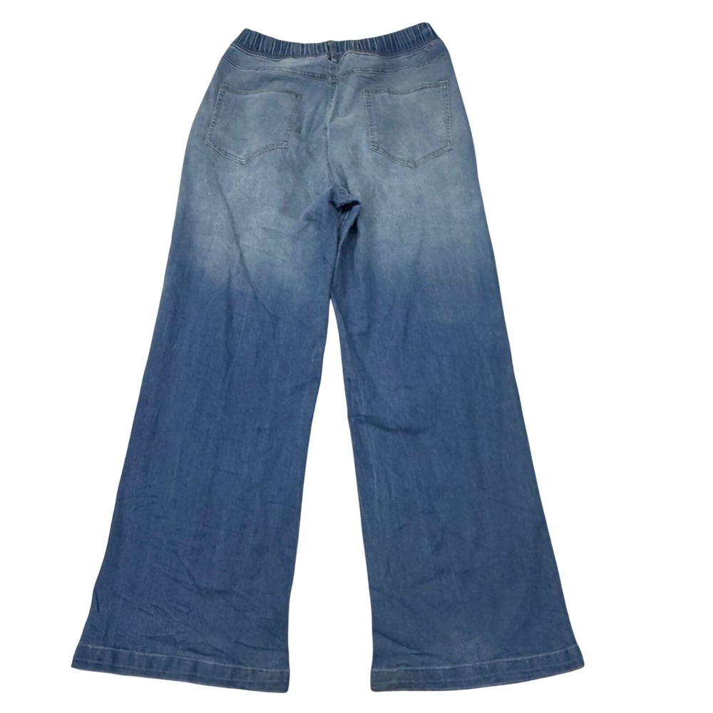 HREOIS Print Women Light Wash Elastic Waist Wide Leg Denim Jeans Blue Pull On